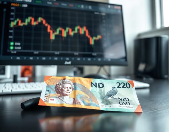 New Zealand Dollar banknote on a trading desk with a monitor showing a downward NZD/USD chart.