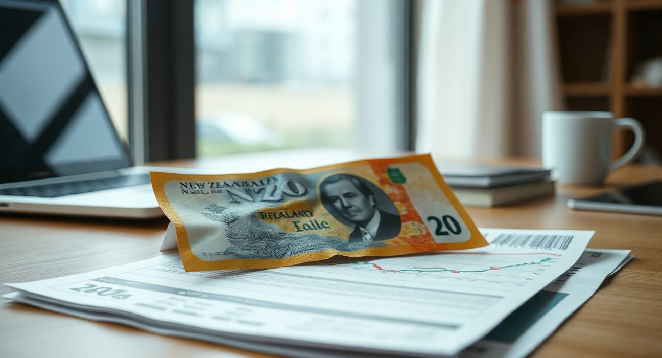 New Zealand Dollar banknote with a financial chart on a desk