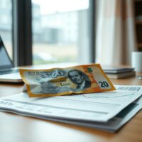 New Zealand Dollar banknote with a financial chart on a desk