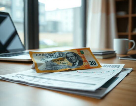 New Zealand Dollar banknote with a financial chart on a desk