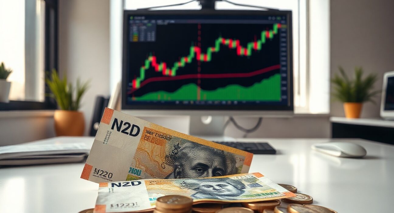 New Zealand Dollar banknotes and coins with a forex chart in the background, representing currency market stability.