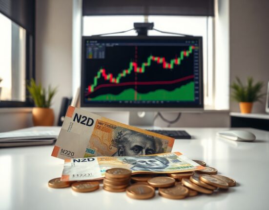 New Zealand Dollar banknotes and coins with a forex chart in the background, representing currency market stability.