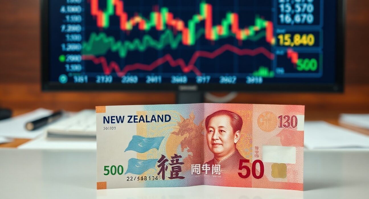 New Zealand Dollar and Chinese Yuan banknotes on a financial news desk with currency charts in the background