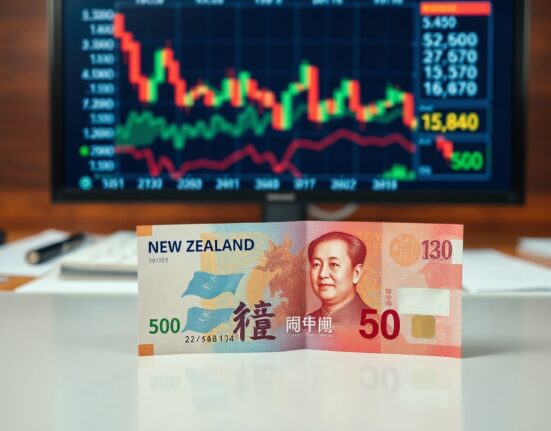 New Zealand Dollar and Chinese Yuan banknotes on a financial news desk with currency charts in the background