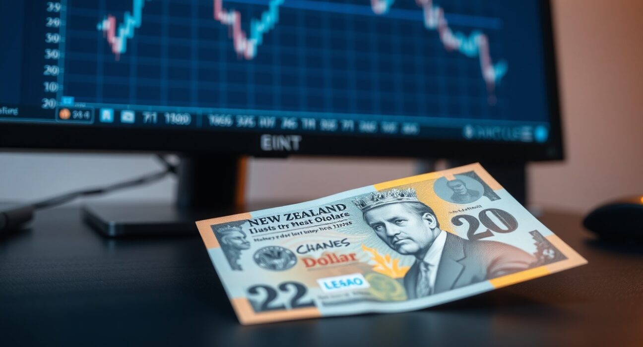 New Zealand Dollar banknote on desk next to financial chart monitor