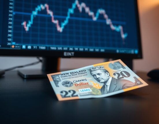 New Zealand Dollar banknote on desk next to financial chart monitor