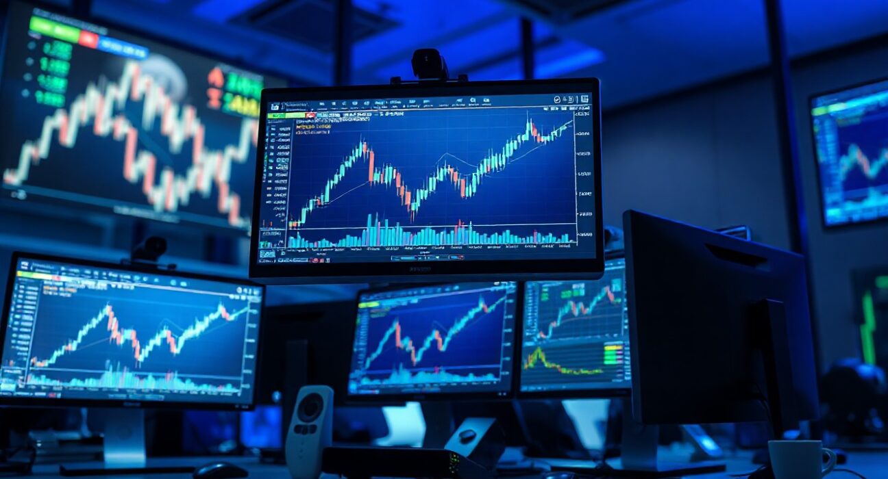 Financial trading desk monitors showing NZD/AUD forex chart with bullish candlestick pattern