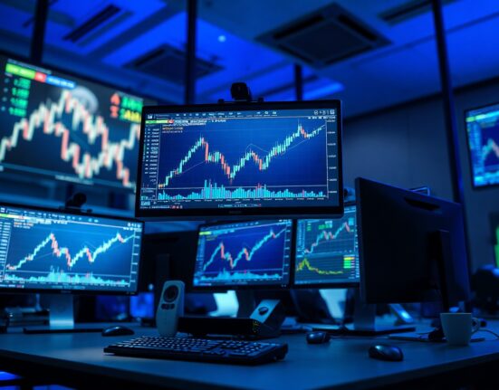 Financial trading desk monitors showing NZD/AUD forex chart with bullish candlestick pattern