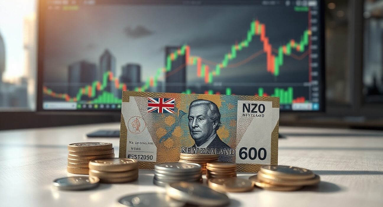 New Zealand dollar banknotes and coins on a surface with financial charts in background