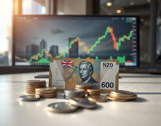 New Zealand dollar banknotes and coins on a surface with financial charts in background