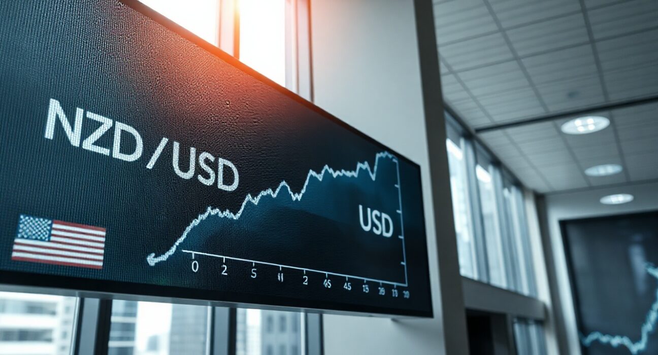 NZD/USD exchange rate chart showing upward trend in a financial trading environment