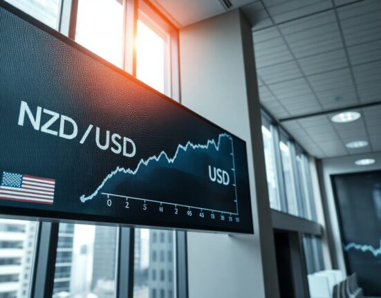 NZD/USD exchange rate chart showing upward trend in a financial trading environment