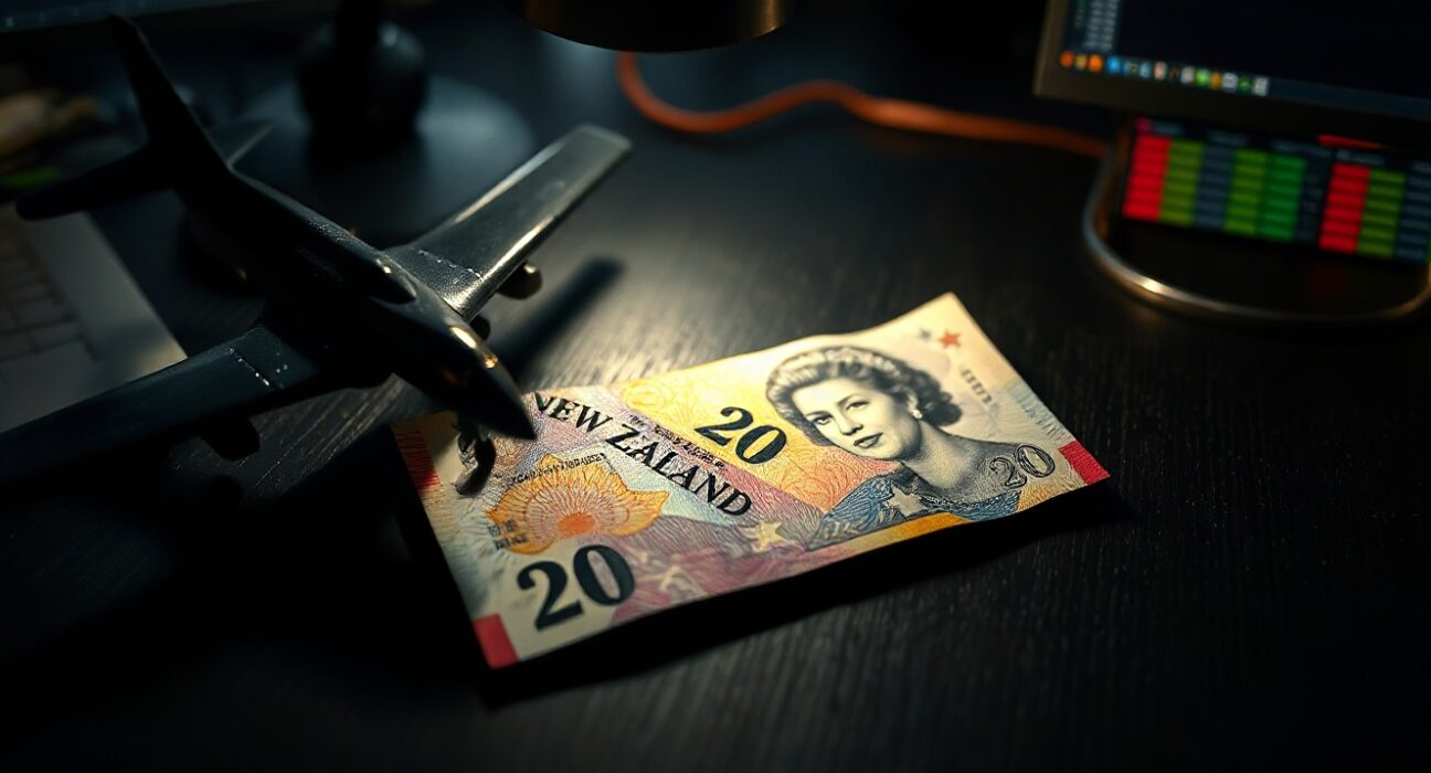 New Zealand Dollar banknote with shadow of military drone, symbolizing geopolitical pressure on currency