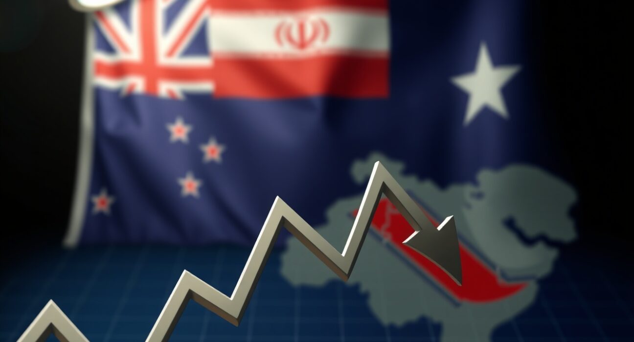 NZD/USD chart with 200-day SMA test and Iran geopolitical map background, representing safe-haven USD demand