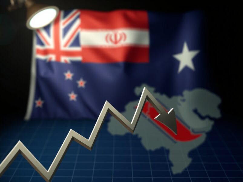 NZD/USD chart with 200-day SMA test and Iran geopolitical map background, representing safe-haven USD demand