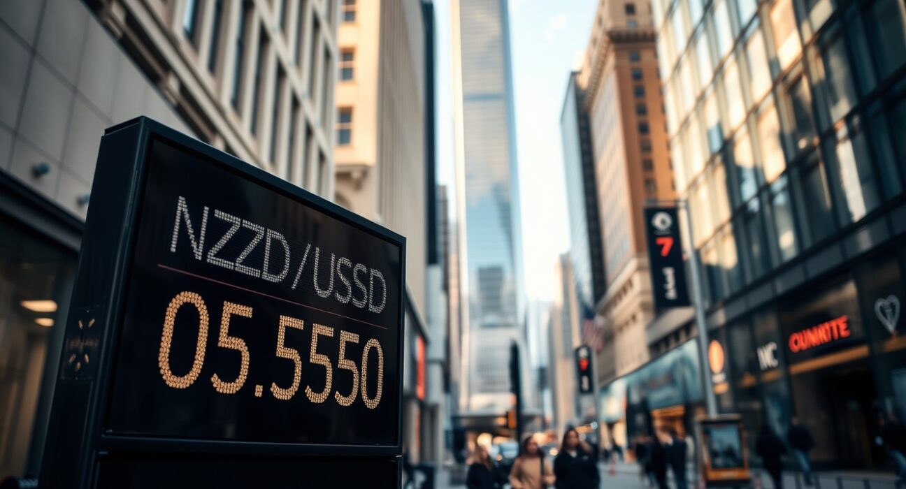 Currency exchange board showing NZD/USD rate at 0.5950 in a financial district