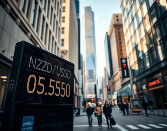 Currency exchange board showing NZD/USD rate at 0.5950 in a financial district
