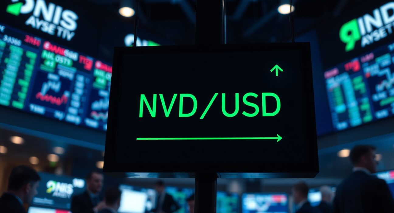 NZD/USD exchange rate displayed on a trading floor screen with green upward arrows indicating a rise.