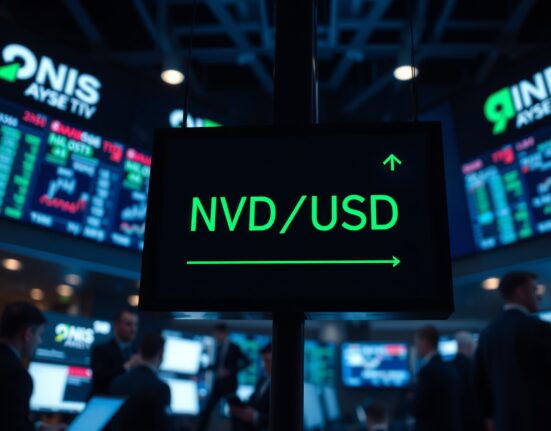 NZD/USD exchange rate displayed on a trading floor screen with green upward arrows indicating a rise.