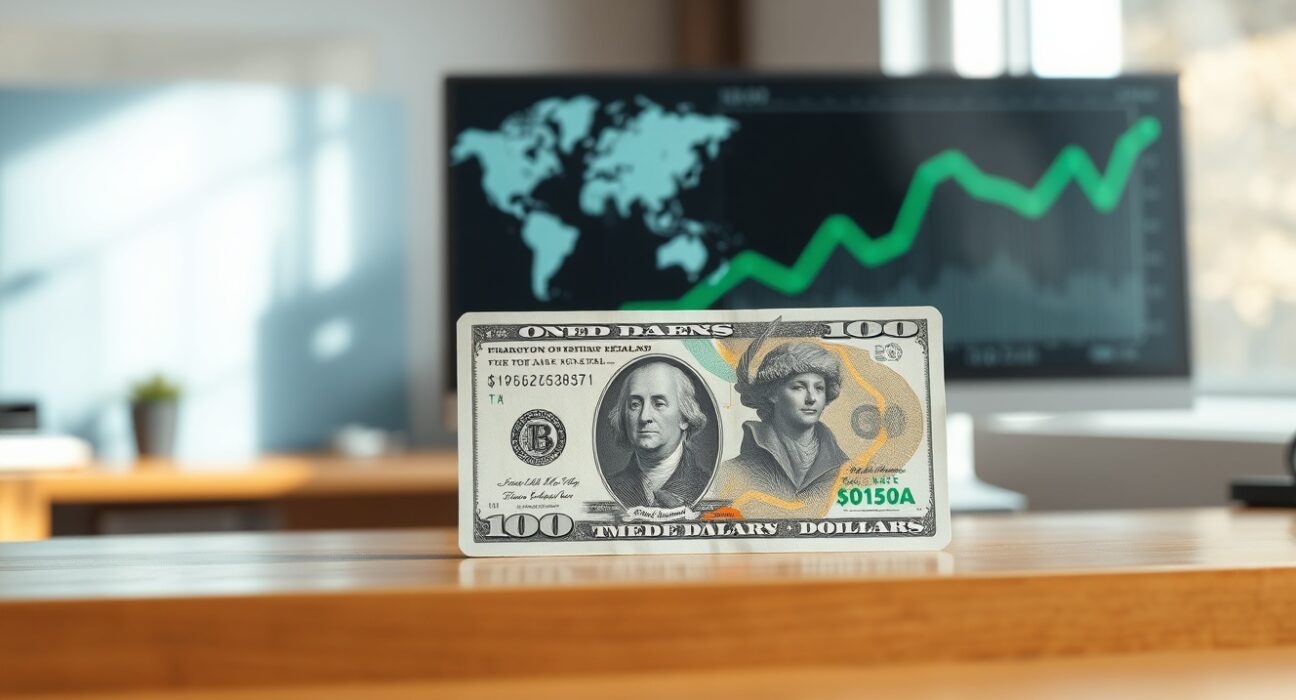 US dollar and New Zealand dollar banknotes on a desk with a chart in the background representing currency market movement.