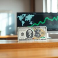 US dollar and New Zealand dollar banknotes on a desk with a chart in the background representing currency market movement.