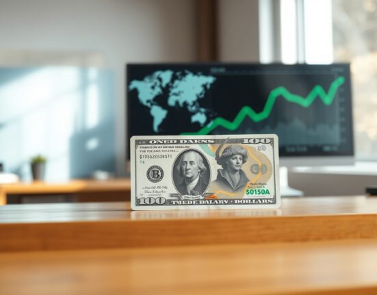 US dollar and New Zealand dollar banknotes on a desk with a chart in the background representing currency market movement.