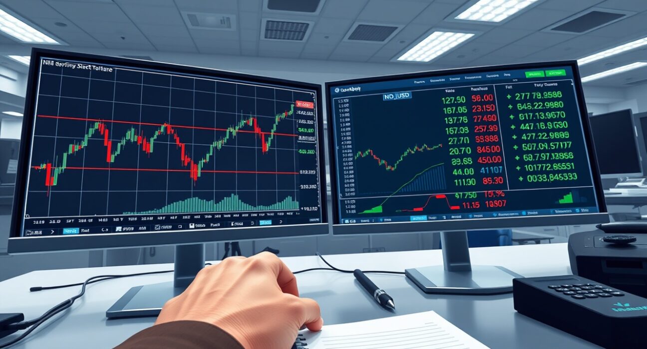 Professional trading desk analyzing NZD/USD currency pair movements on dual monitors