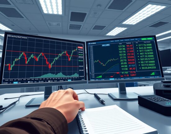 Professional trading desk analyzing NZD/USD currency pair movements on dual monitors