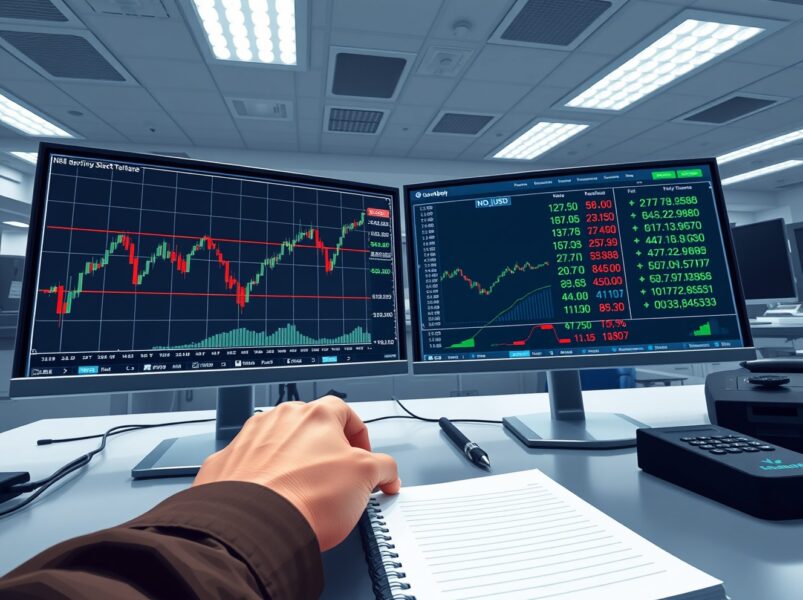 Professional trading desk analyzing NZD/USD currency pair movements on dual monitors