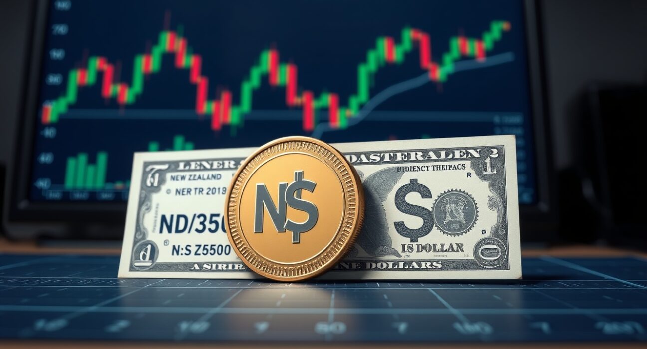 NZD/USD forex chart showing currency pair near 0.5850 support level with 200-day SMA, reflecting US dollar strength and New Zealand dollar vulnerability.