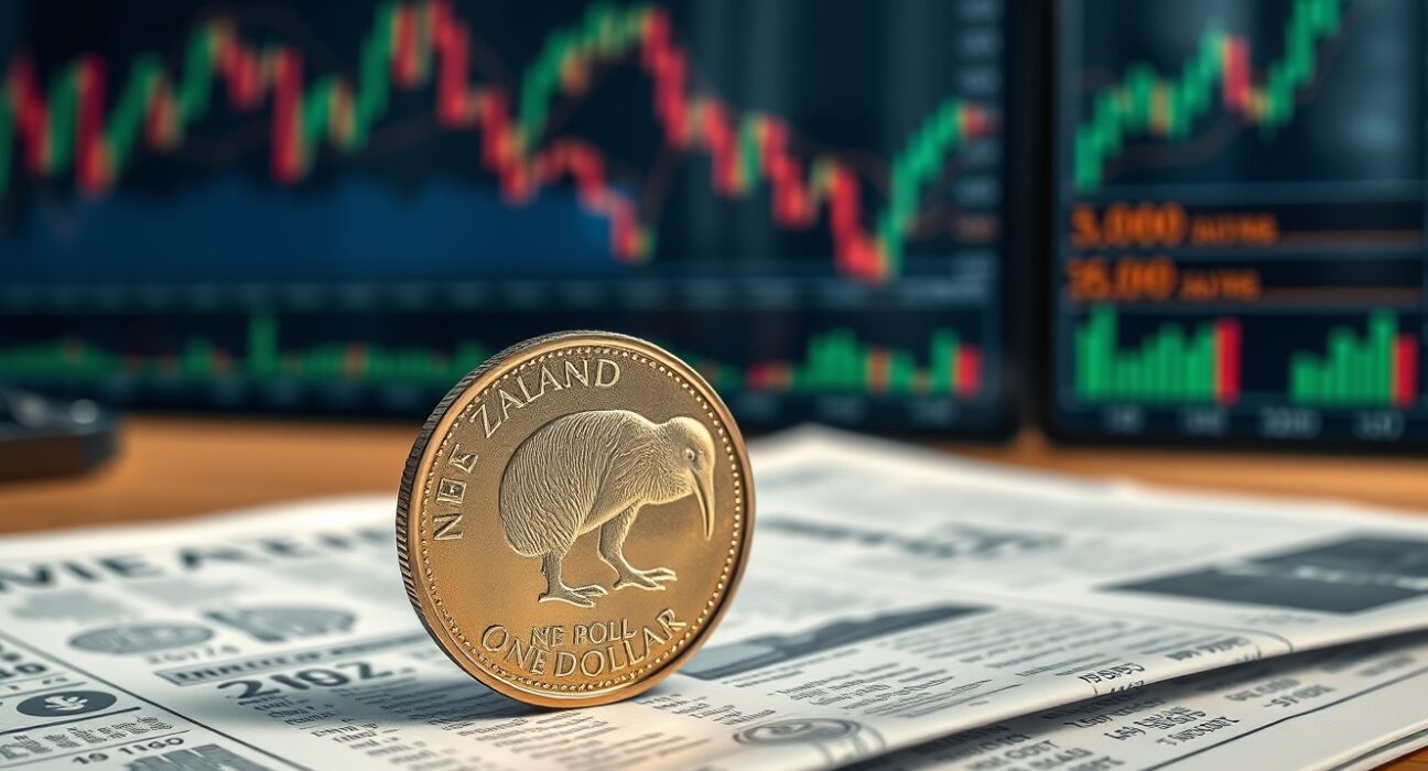 New Zealand dollar coin on financial newspaper with stock charts in background