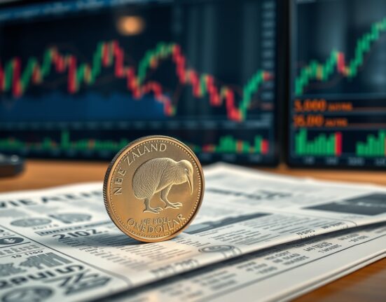 New Zealand dollar coin on financial newspaper with stock charts in background