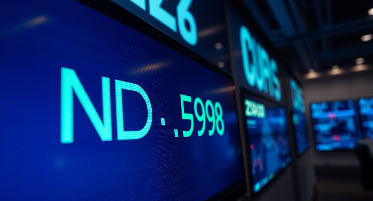 Digital trading screen showing NZD/USD exchange rate near 0.6000 on a financial trading floor.