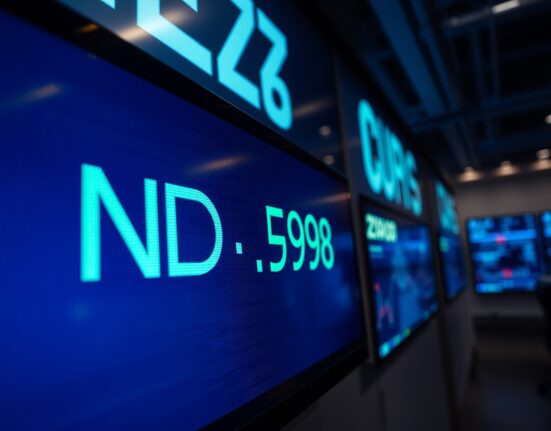 Digital trading screen showing NZD/USD exchange rate near 0.6000 on a financial trading floor.