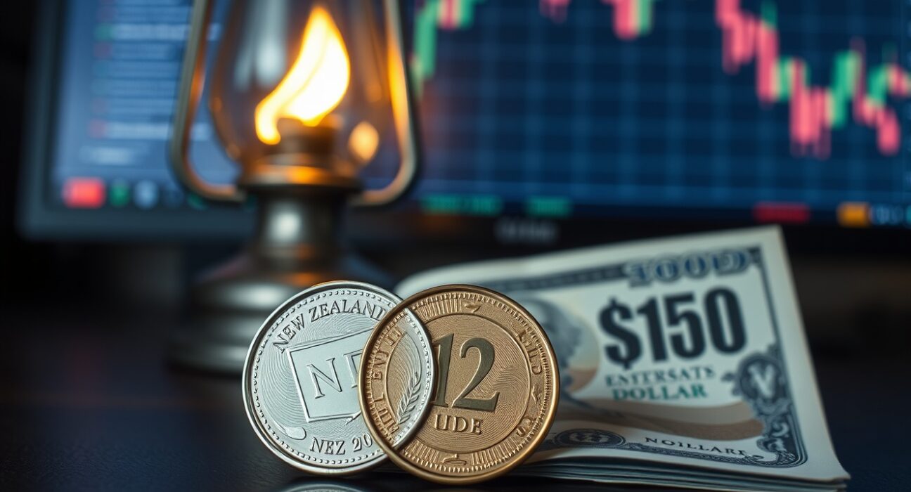 New Zealand and US currency with oil lamp and stock chart in background