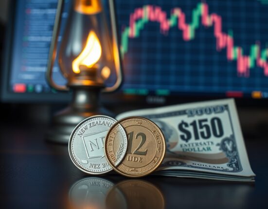 New Zealand and US currency with oil lamp and stock chart in background