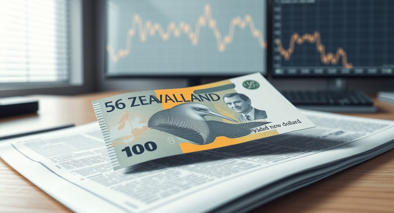 New Zealand Dollar banknote on financial newspaper with downward chart