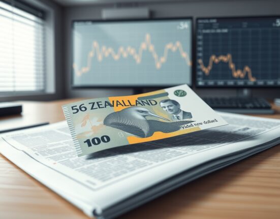 New Zealand Dollar banknote on financial newspaper with downward chart