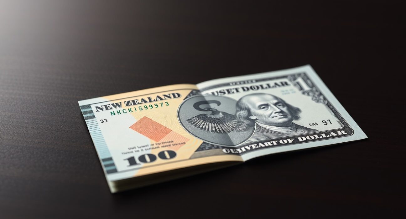 New Zealand Dollar and US Dollar banknotes on a desk representing forex market movement