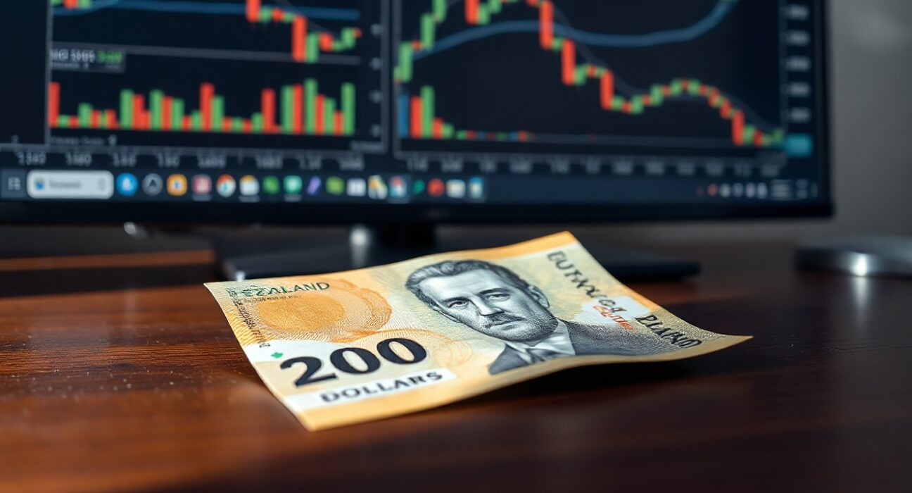 New Zealand Dollar and US Dollar banknotes on a desk with a financial chart in the background