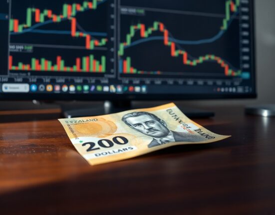 New Zealand Dollar and US Dollar banknotes on a desk with a financial chart in the background