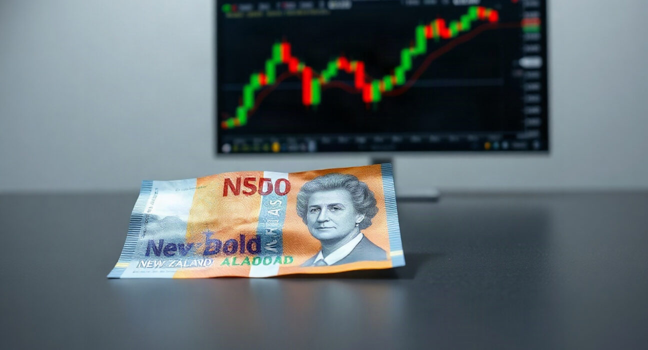 New Zealand Dollar and US Dollar banknotes on a desk with a blurred financial chart in the background.