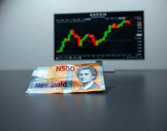 New Zealand Dollar and US Dollar banknotes on a desk with a blurred financial chart in the background.