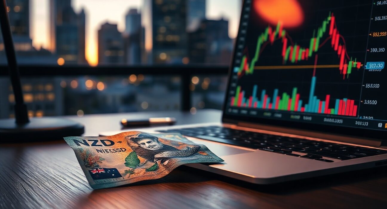 New Zealand Dollar banknote and NZD/USD chart on desk, reflecting market sentiment before China PMI release.