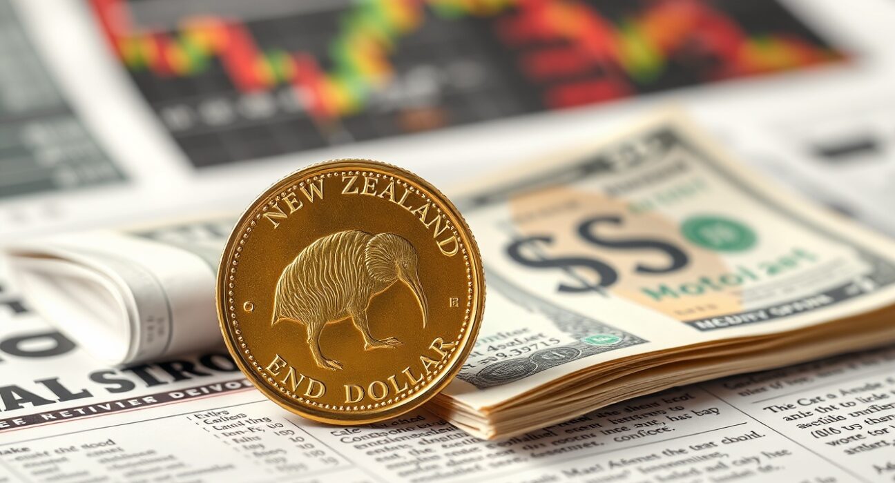 New Zealand dollar coin and US dollar bill on financial newspaper with market charts