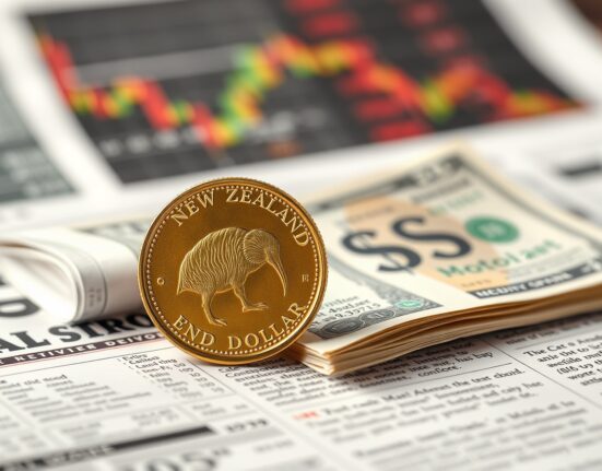 New Zealand dollar coin and US dollar bill on financial newspaper with market charts