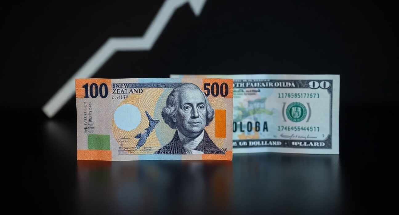 New Zealand dollar and US dollar banknotes on a dark surface with an upward arrow, symbolizing NZD/USD rise.
