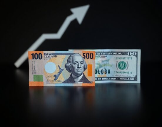 New Zealand dollar and US dollar banknotes on a dark surface with an upward arrow, symbolizing NZD/USD rise.