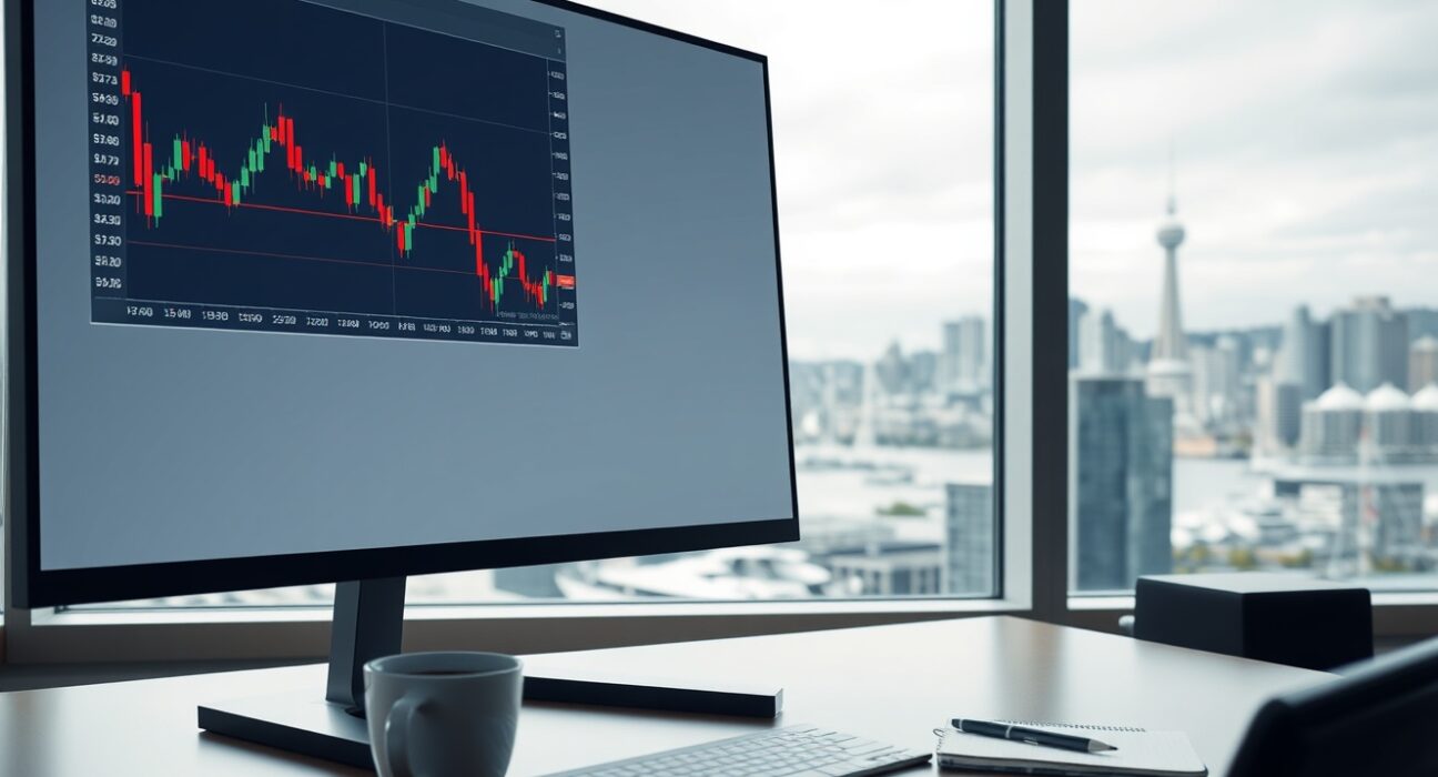 NZD/USD chart analysis on a trading desk in Wellington, representing RBNZ policy impact.