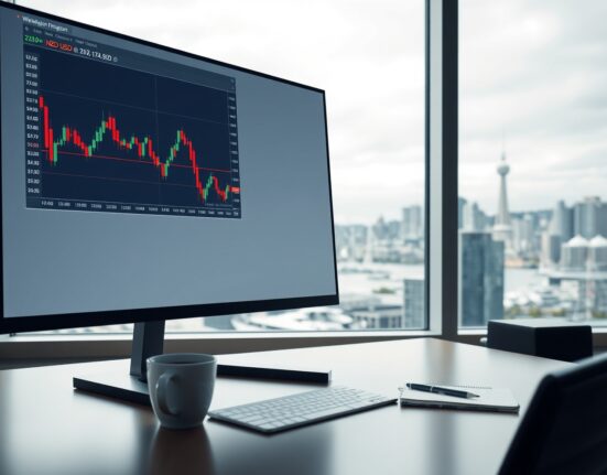 NZD/USD chart analysis on a trading desk in Wellington, representing RBNZ policy impact.